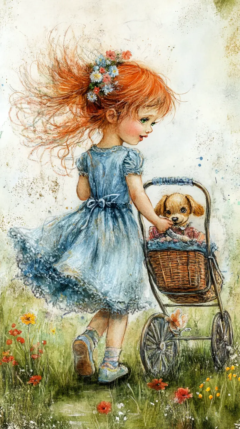 Young girl with doll stroller in a dreamy grassy field