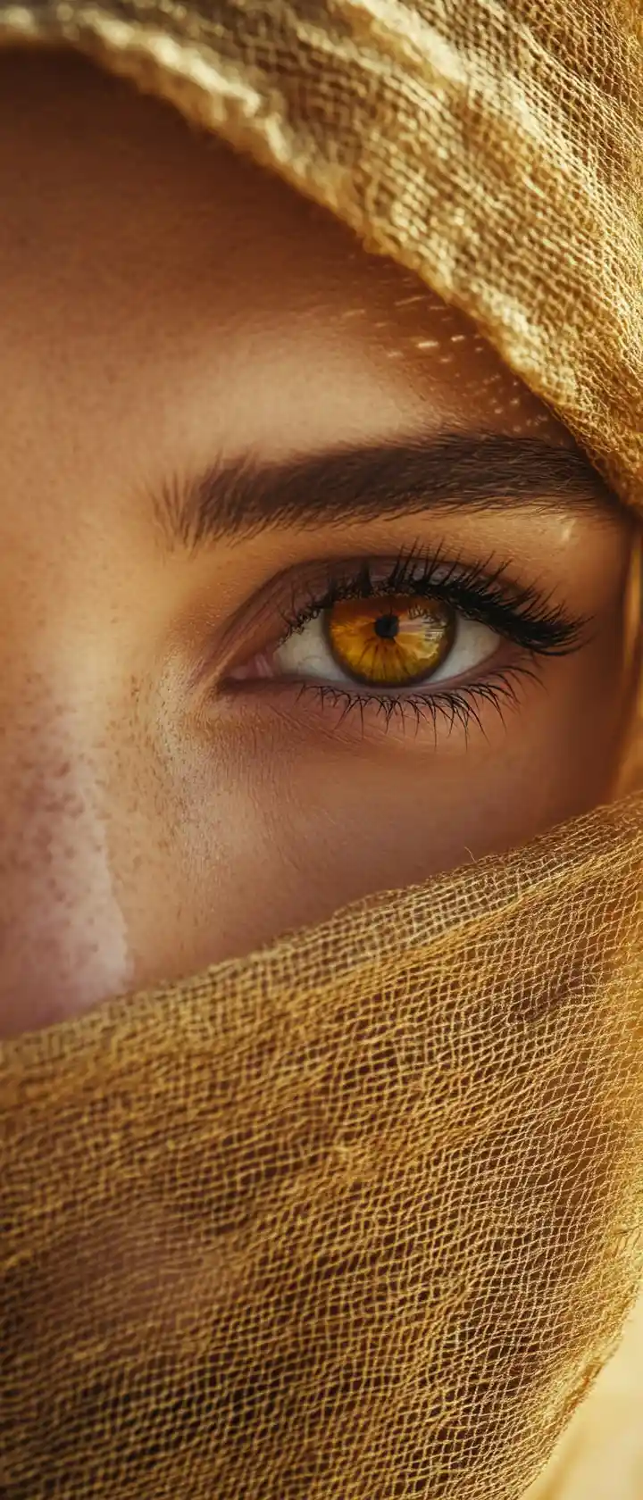 Cinematic close up of veiled woman with amber eyes