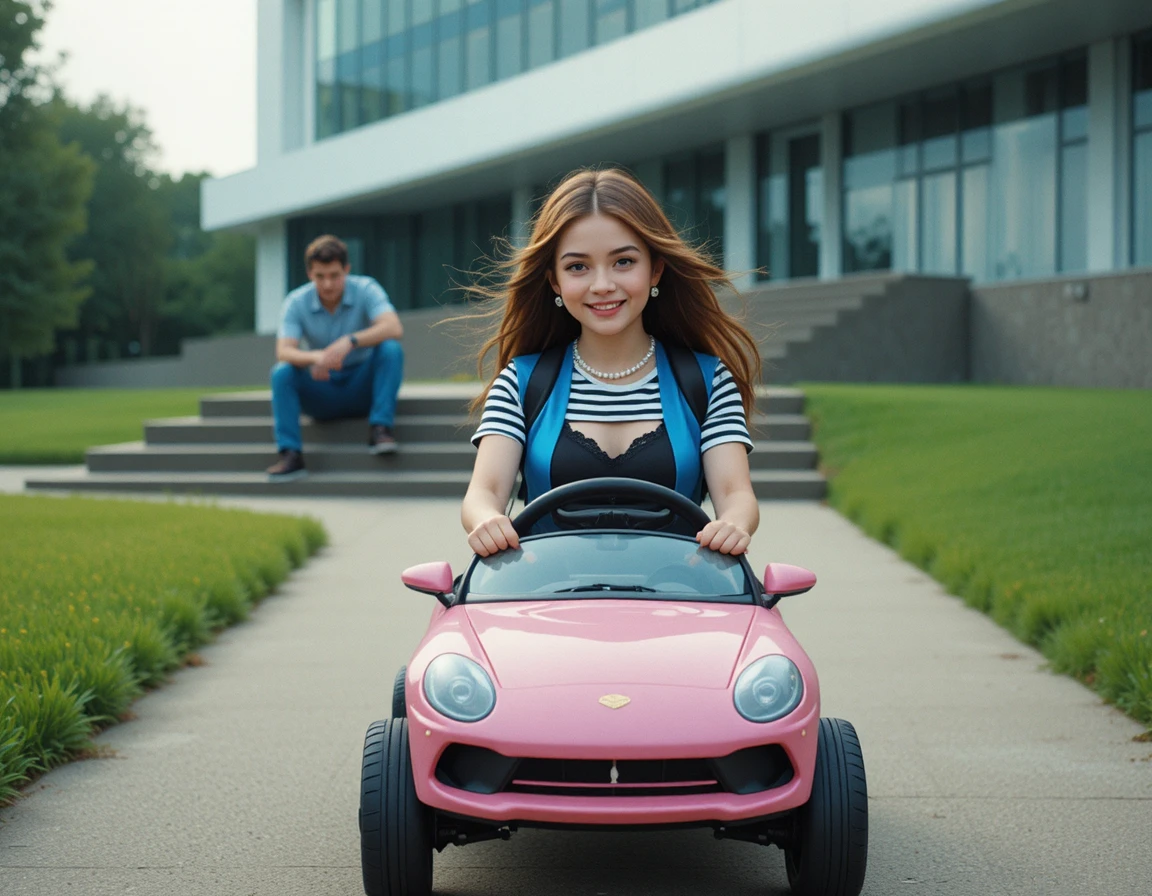 Little girl driving a pink toy car on a path