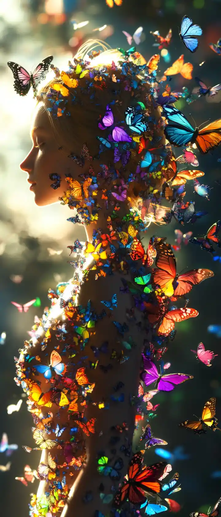 Butterfly covered woman in warm light side profile