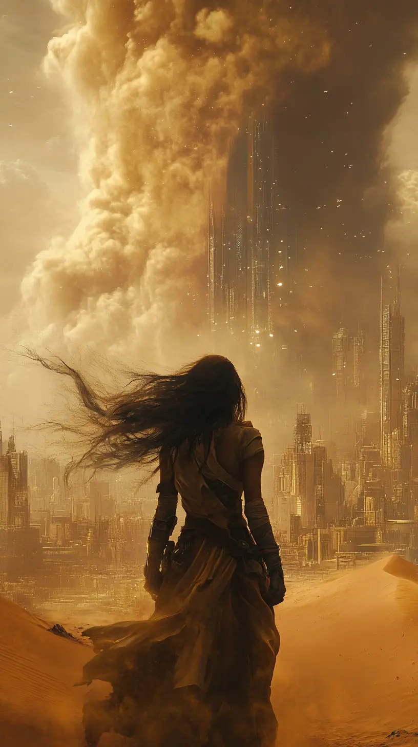 Desert woman with baby before city and rising dust storm