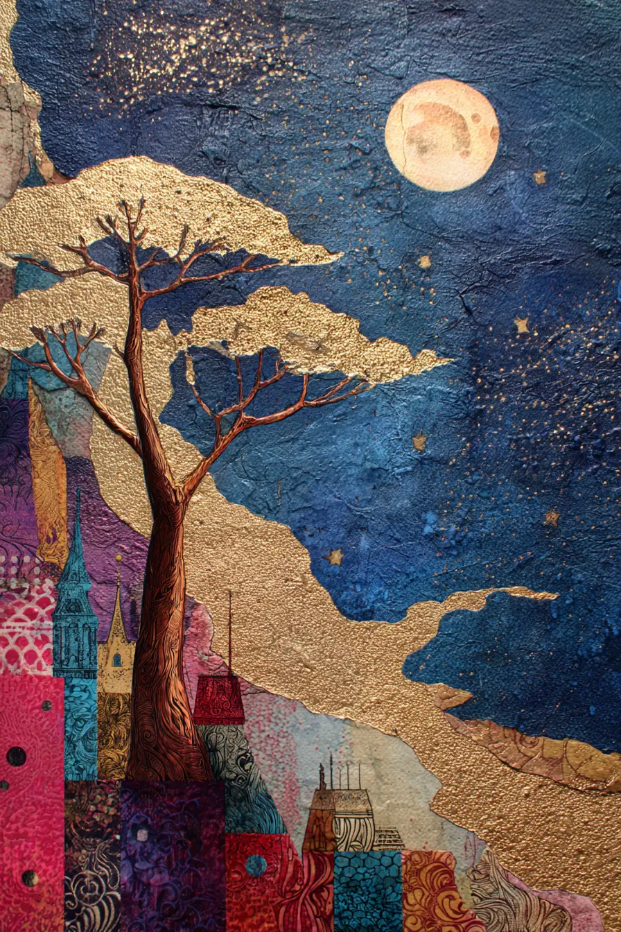 Whimsical mixed media collage of a woman in a bedroom
