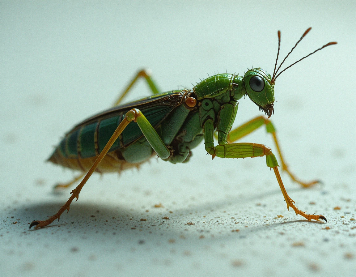 Green praying mantis walking on textured white background