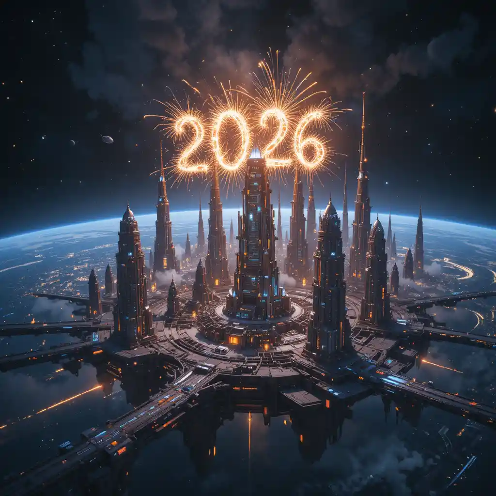 Futuristica città orbitale con fuochi d'artificio sopra un pianeta simile alla Terra