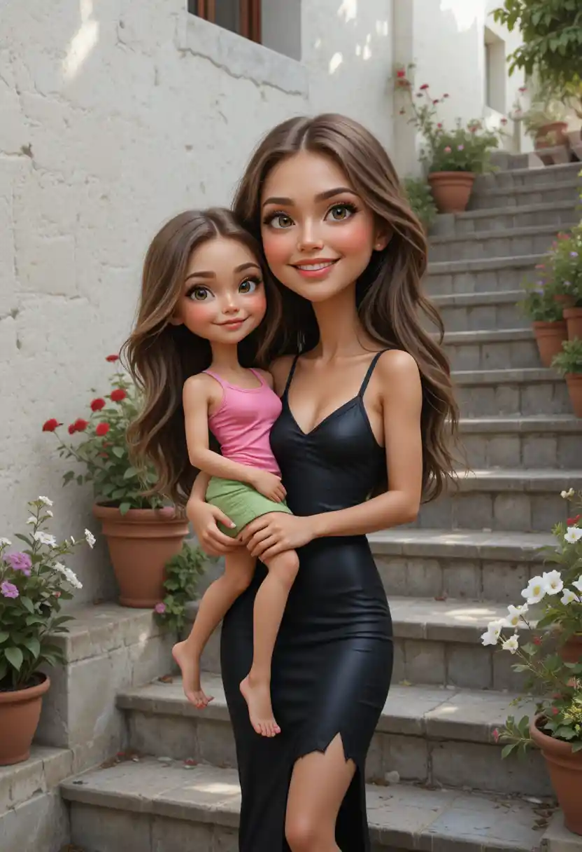 Young woman holding little girl on stone garden stairs