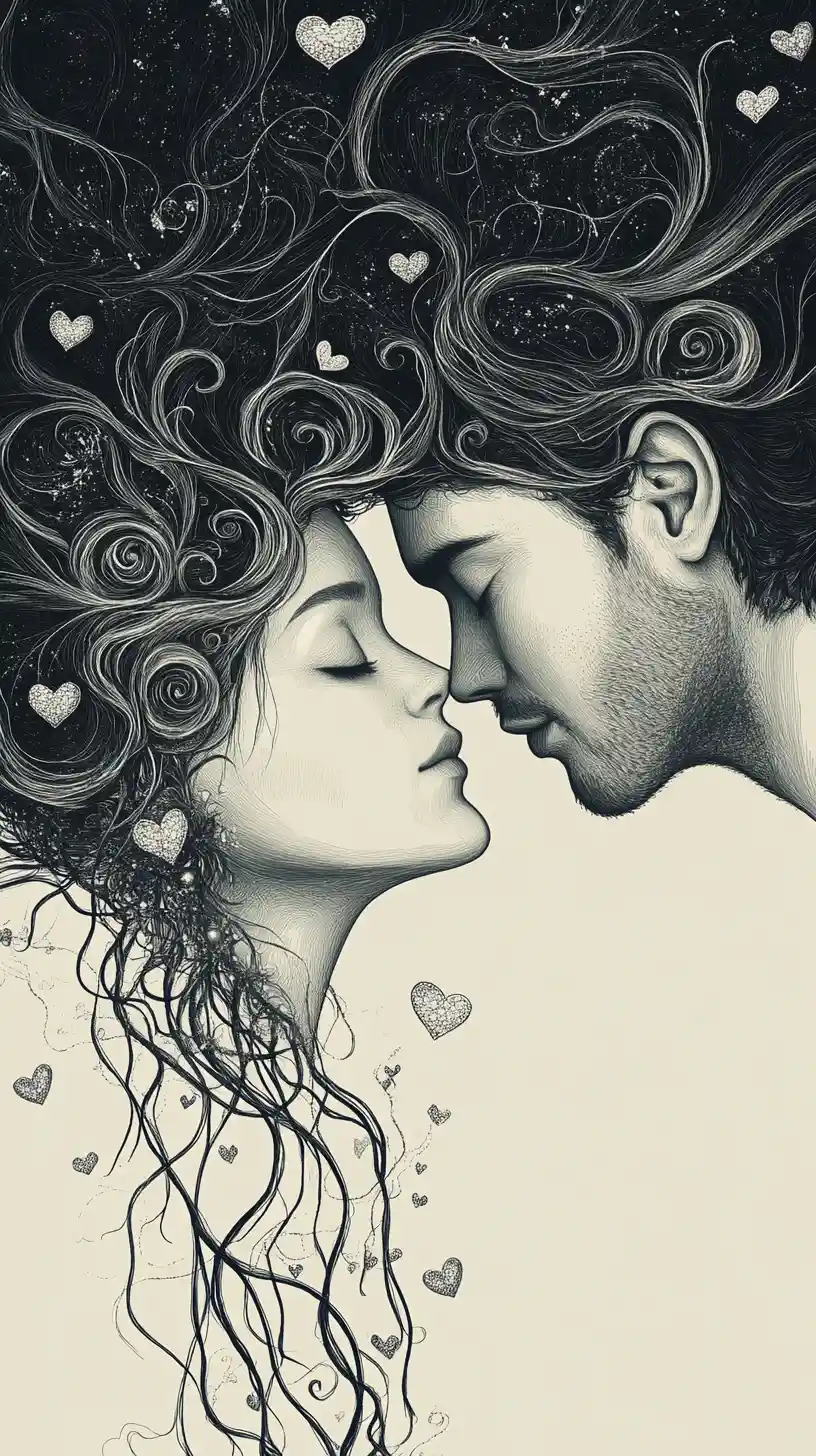 Ethereal line art couple with intertwined hearts and hair