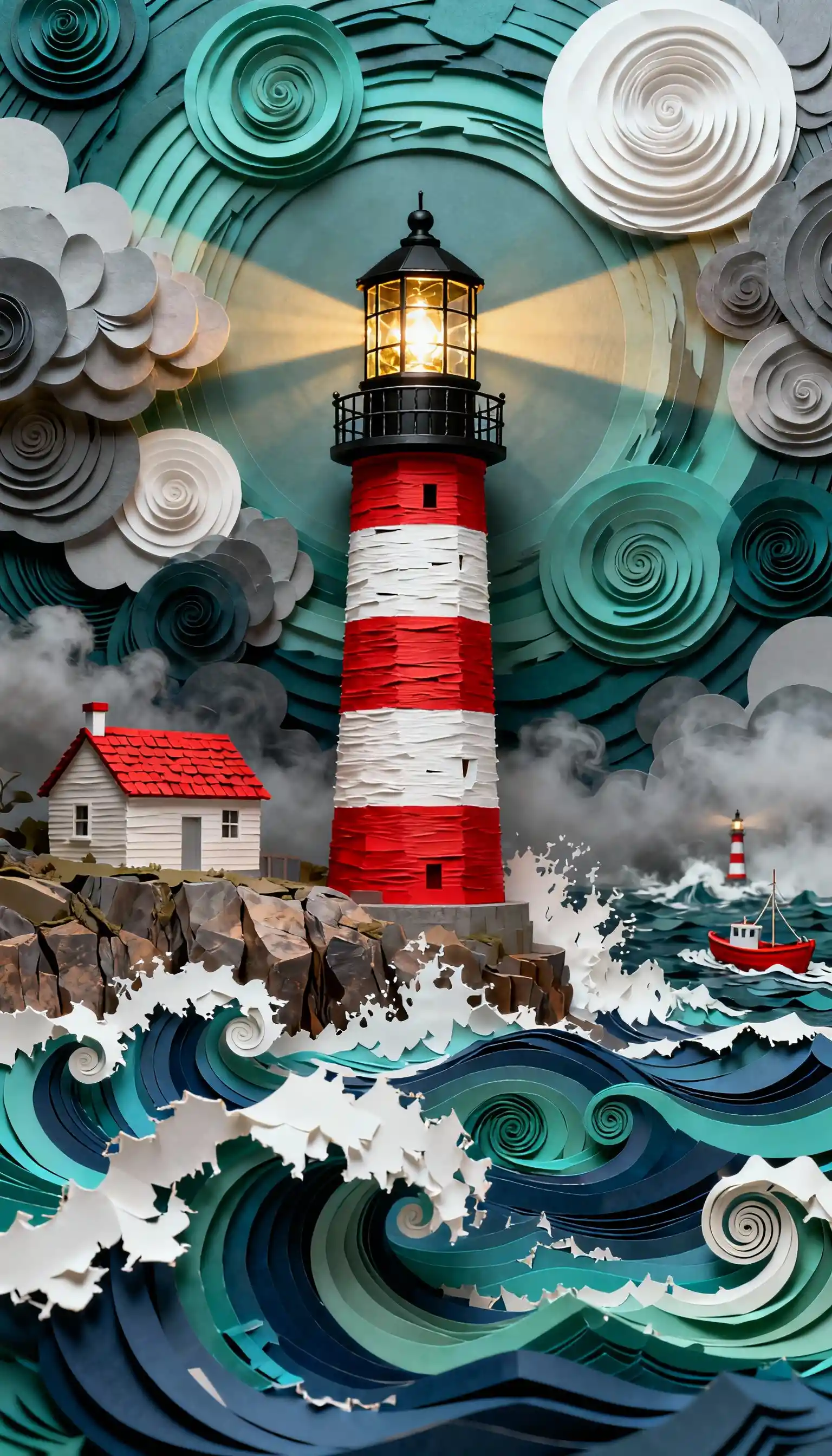 Dramatic Paper Art Lighthouse In A Violent Ocean Storm
