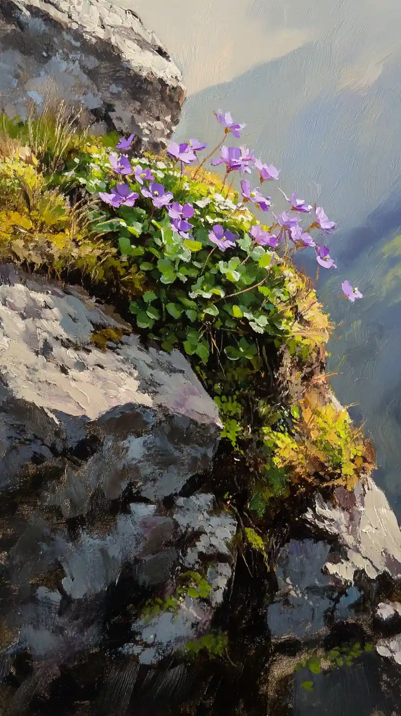 Fiori di sassifraga muschiosa su sperone roccioso soleggiato - dipinto