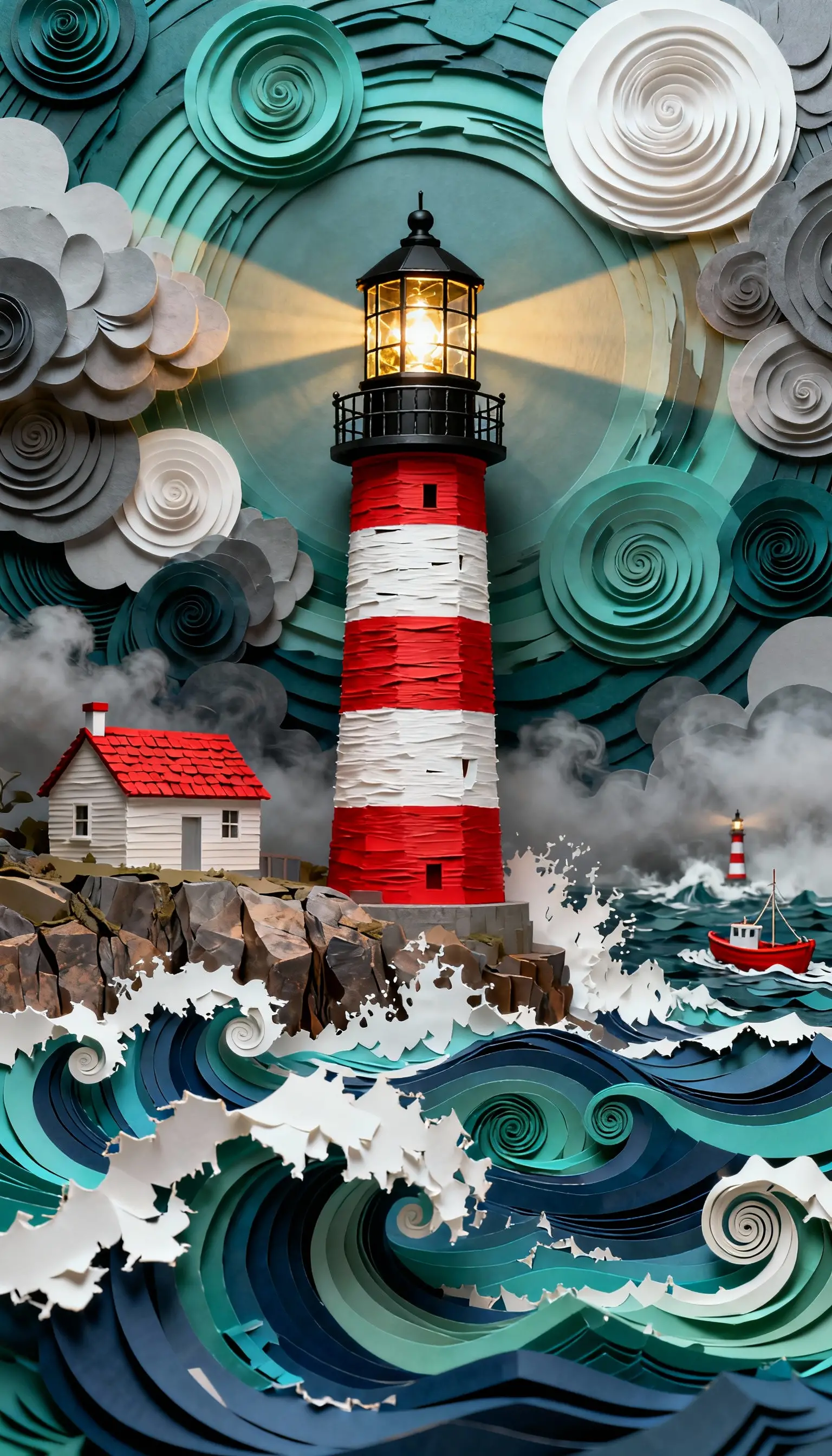 Dramatic Paper Art Lighthouse In A Violent Ocean Storm