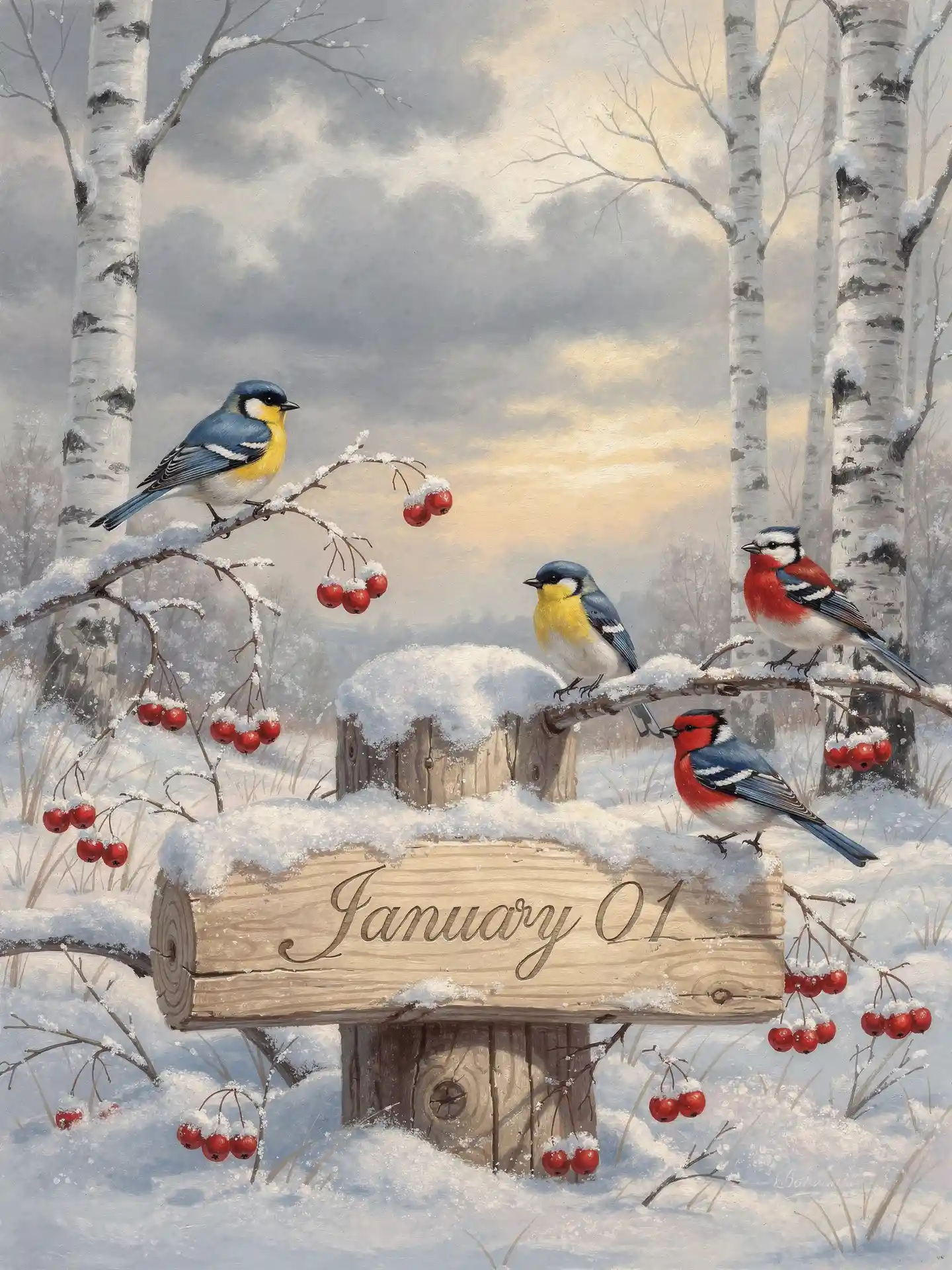 Calendario di gennaio con uccelli e bacche nella foresta innevata