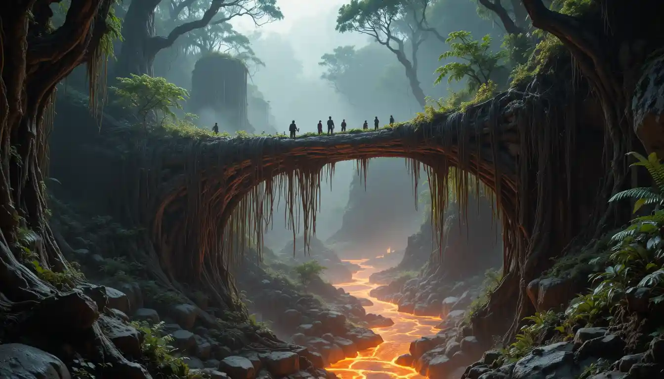 Glowing Root Bridge Over Magma River On Jungle World