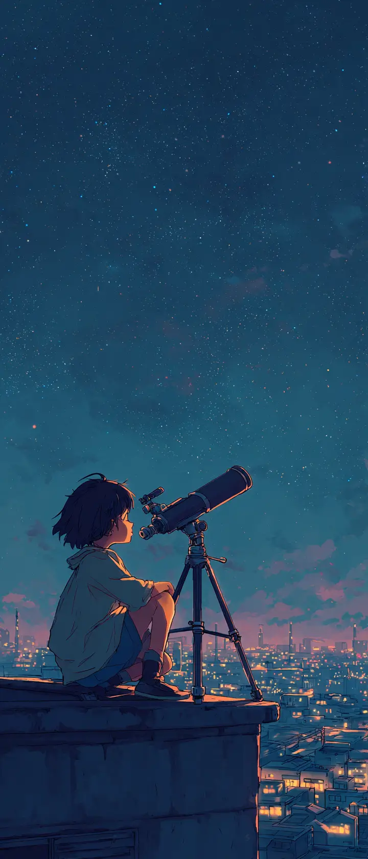 Child Stargazing From City Rooftop On Clear Night Sky