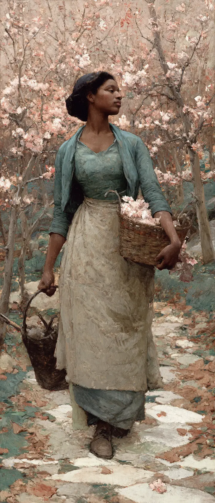 Young woman walking along a tranquil flowering tree path