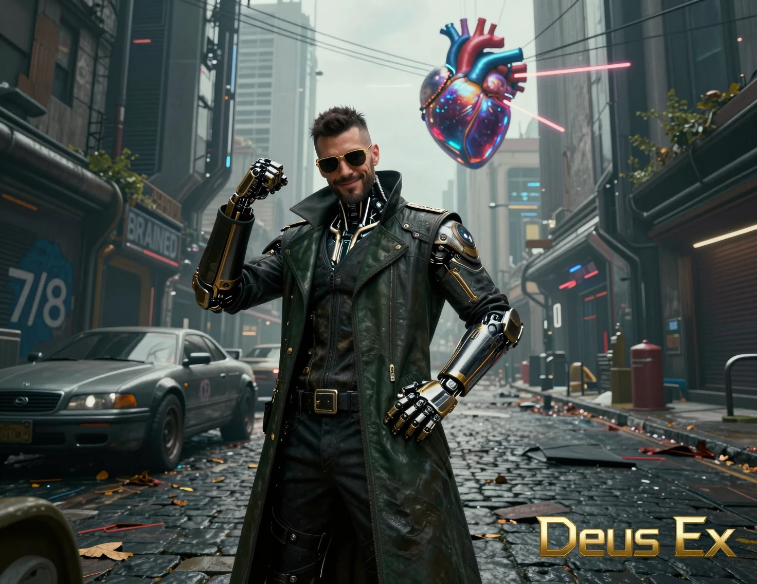 Augmented detective smiling on a futuristic cyberpunk street