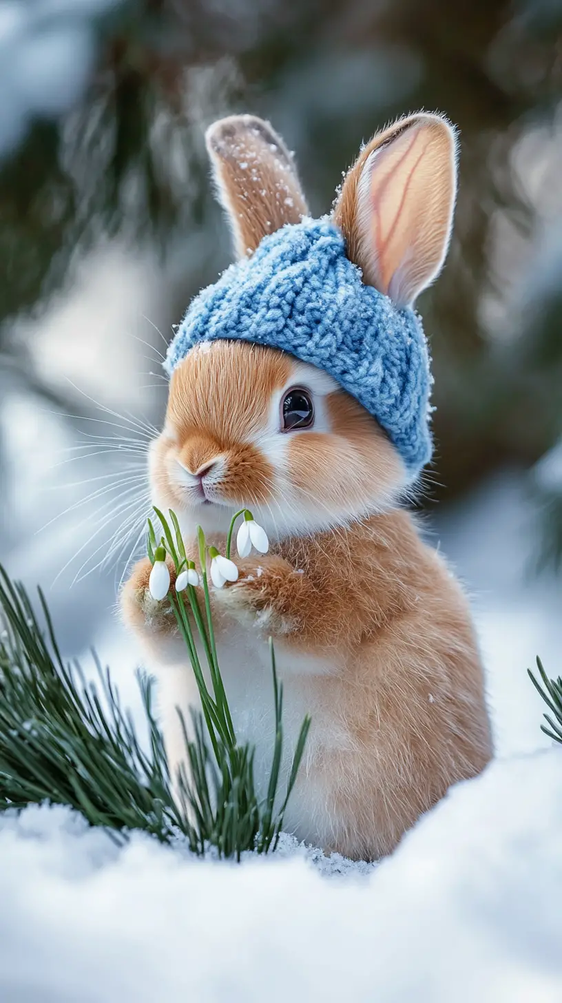 Cute rabbit in blue hat standing in snowy forest