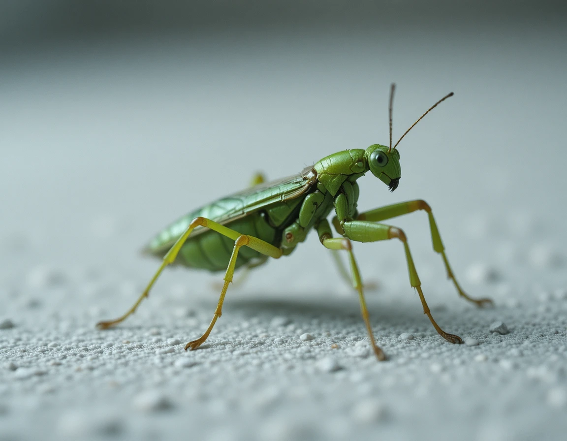 Green praying mantis on textured white background in profile
