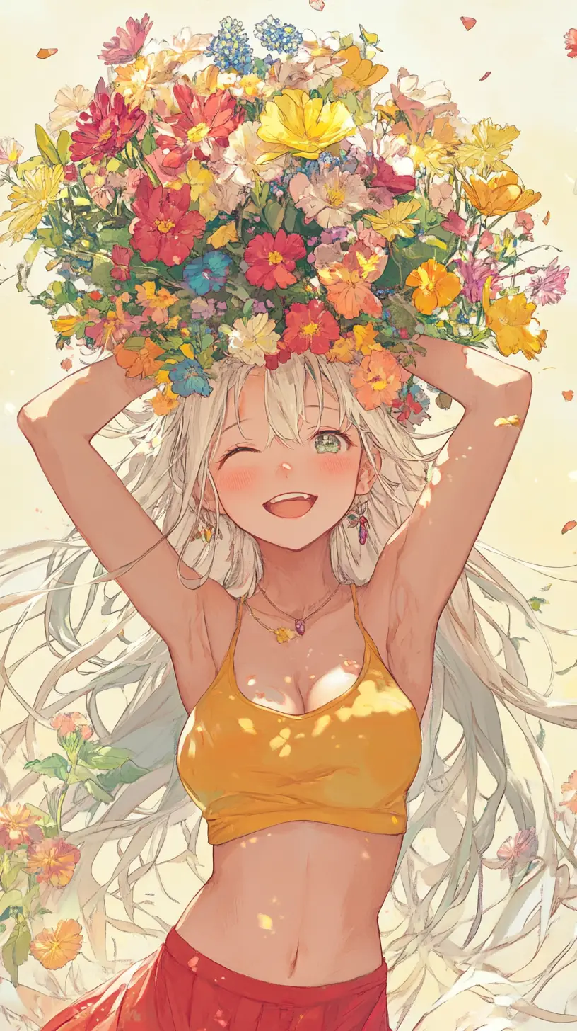 Anime girl balancing colorful flowers on her head
