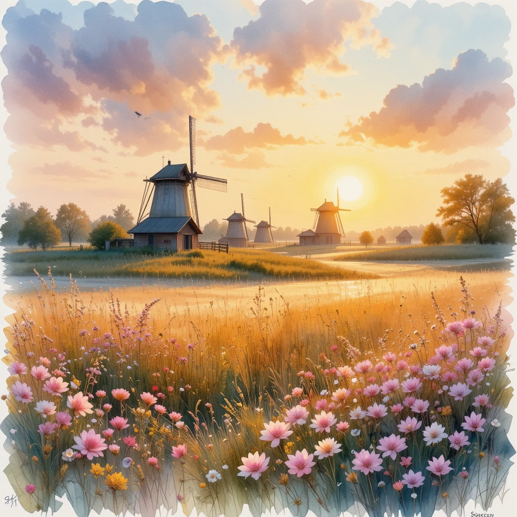 Serene November sunset over meadow with rustic windmills