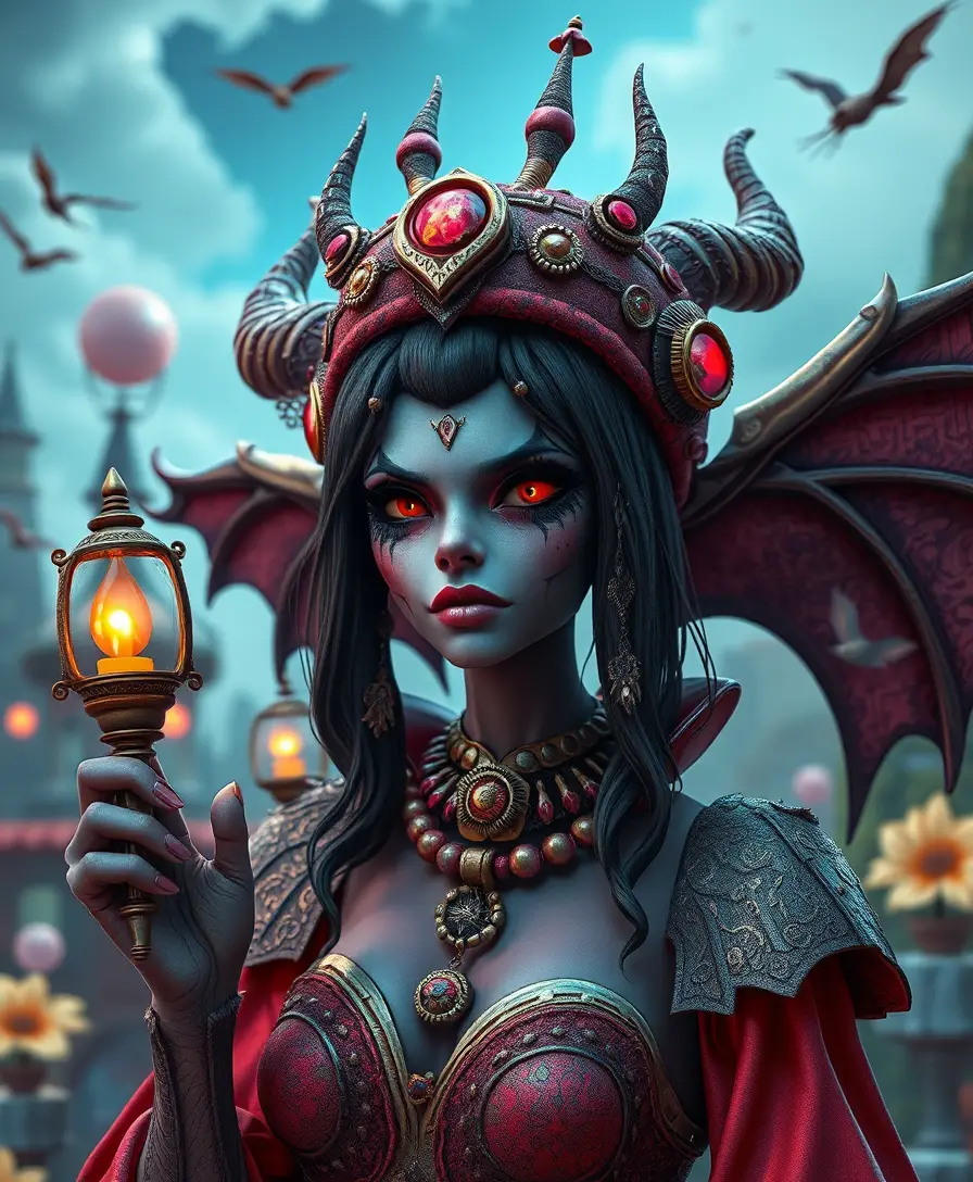 Whimsical evil goddess in vibrant pop surreal fantasy