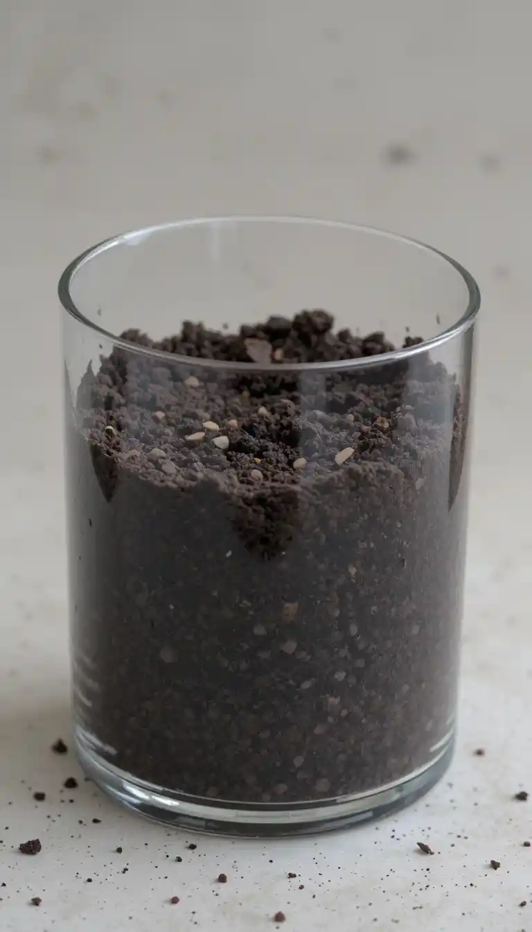 Transparent cylindrical pot half filled with dark soil