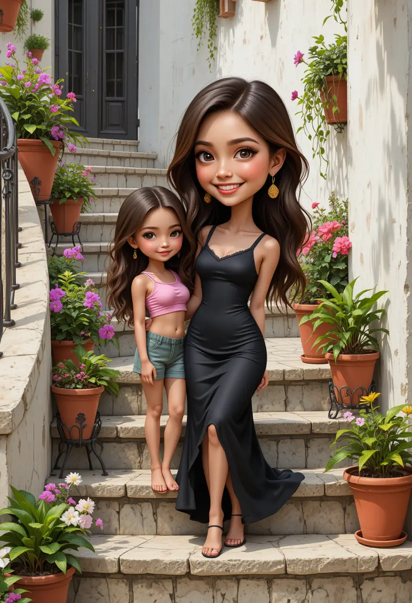 Woman in black dress holding little girl on stone steps