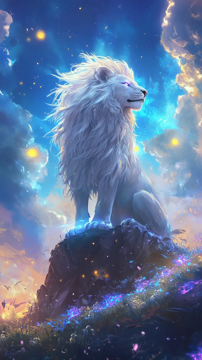 Celestial lion overlooking a glowing valley at twilight