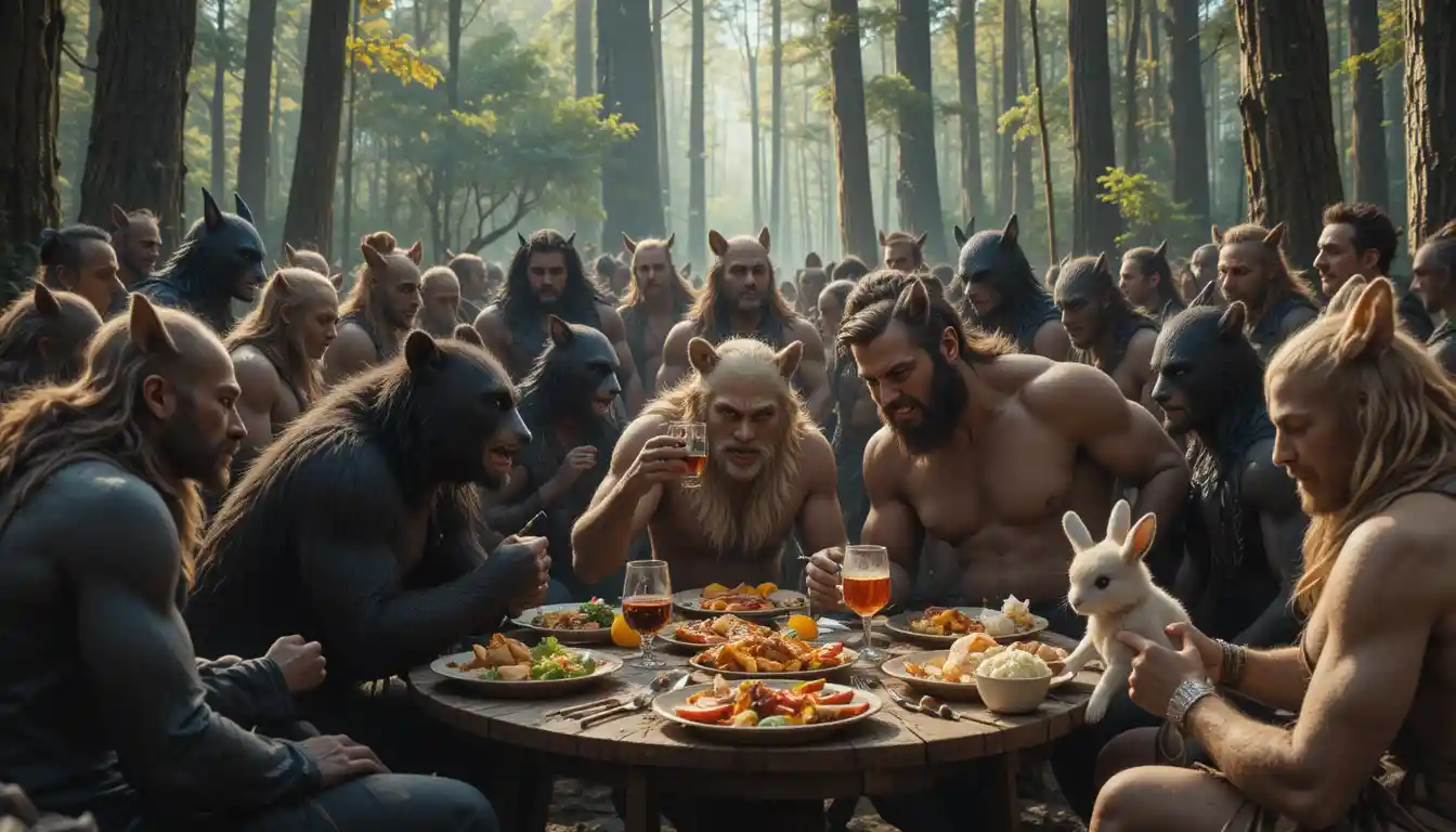 Anthropomorphic male animal shifters gathered in a forest clearing