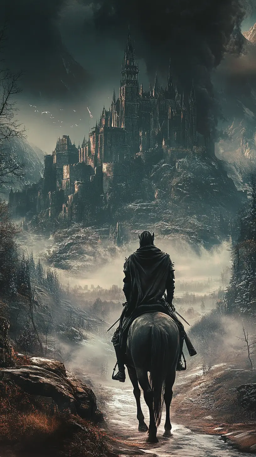 Knight on horseback looking toward a distant castle