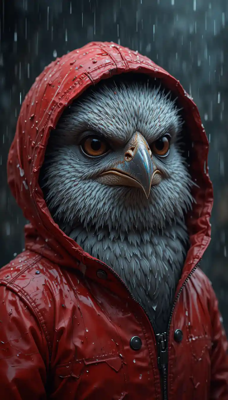 Oiseau en Imperméable Rouge sous une Forte Pluie au Regard Intense