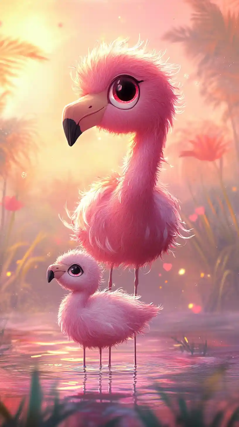 Kawaii-Flamingo-Mama mit Küken bei traumhaftem tropischem Sonnenuntergang