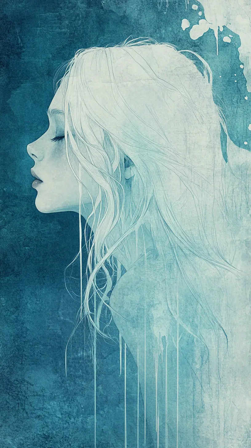 Melancholic white haired girl in cyan comic illustration