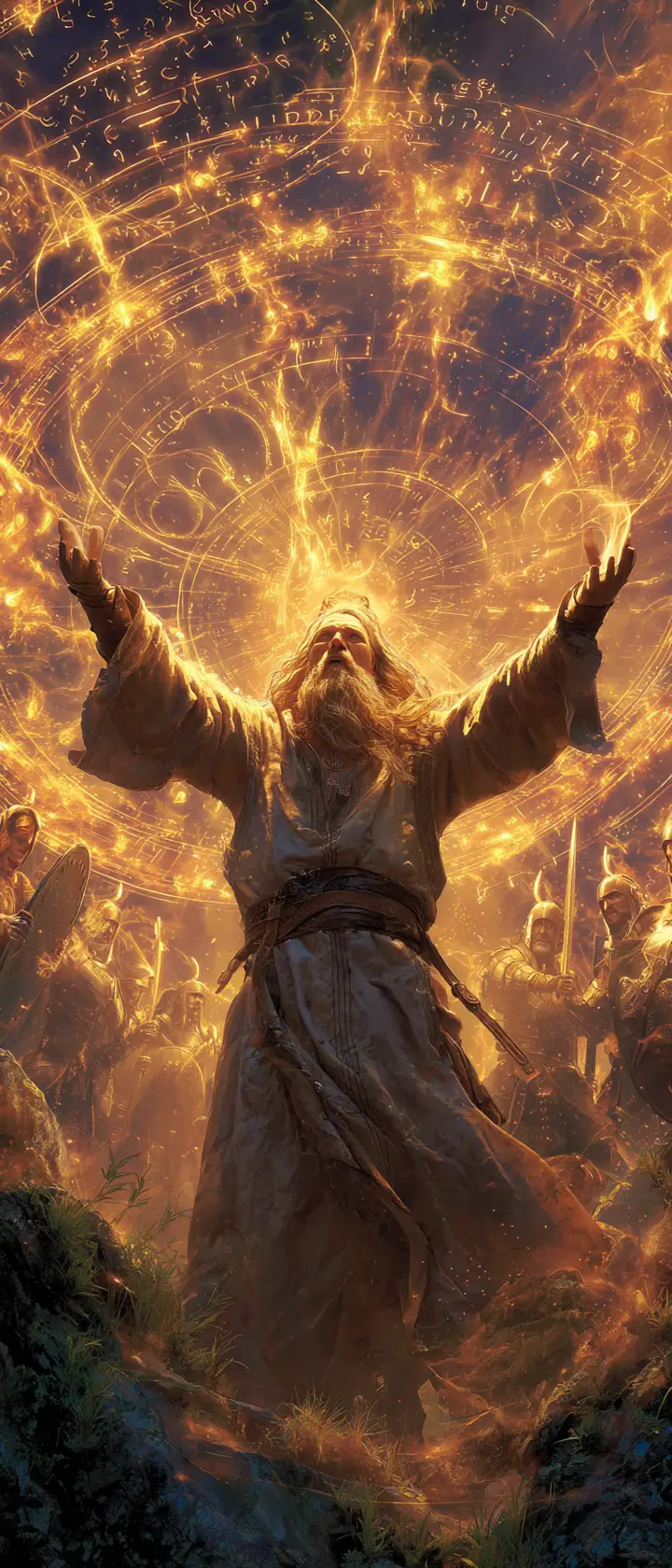 Germanic druid summoning magic within an ancient stone circle