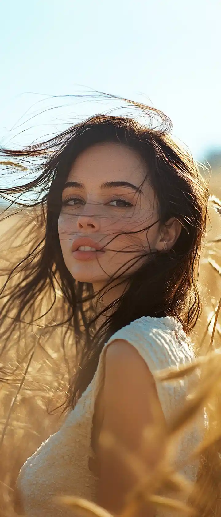 Woman standing in golden hour light among tall dry grass