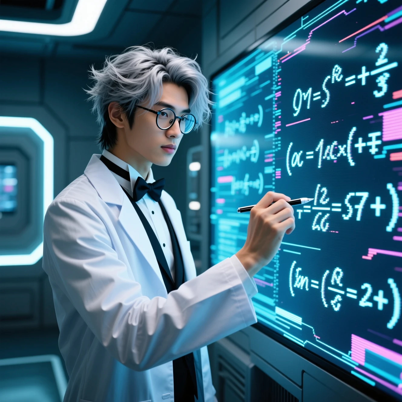 Young scientist writing equations on a glitching digital screen