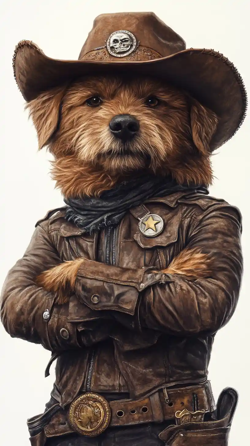 Realistic cowboy dog with hat and leather belt
