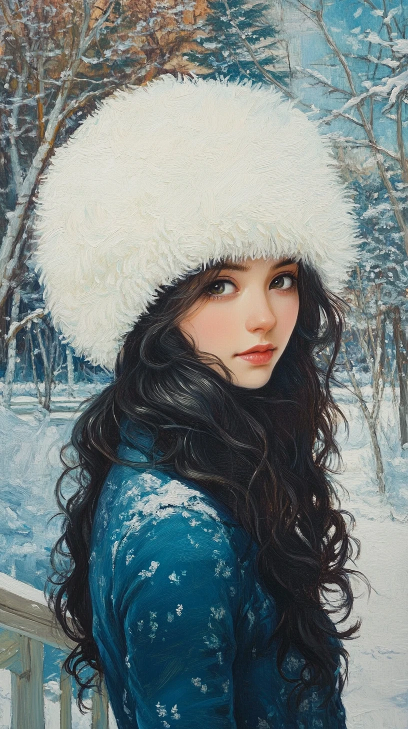 Girl in blue winter coat beneath softly falling snow