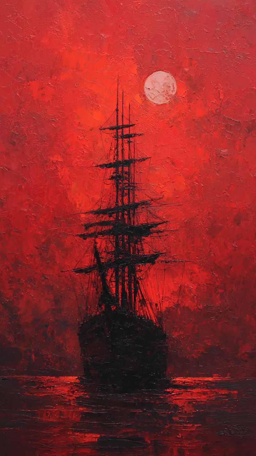 Barco fantasma bajo una luna pálida en cielo rojo