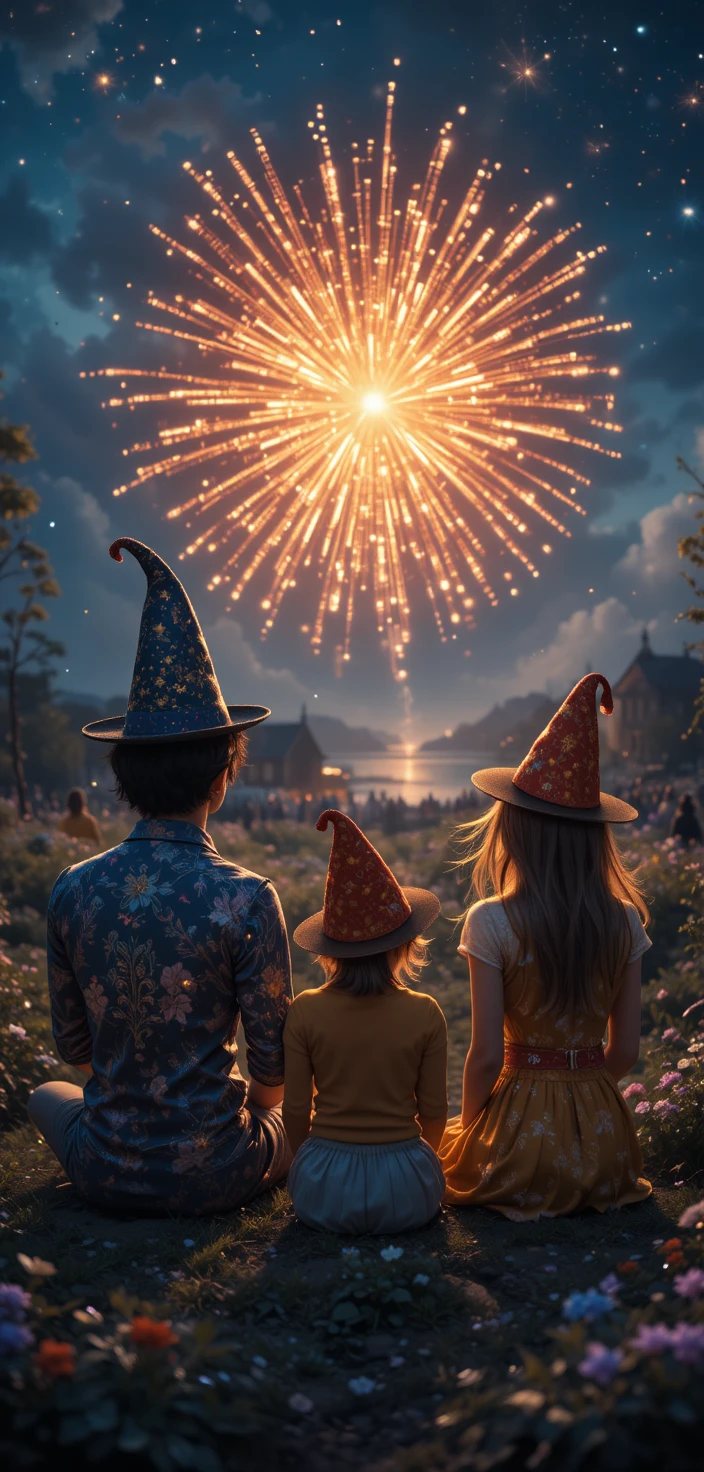 Cartoon crowd watching colorful fireworks in the night sky
