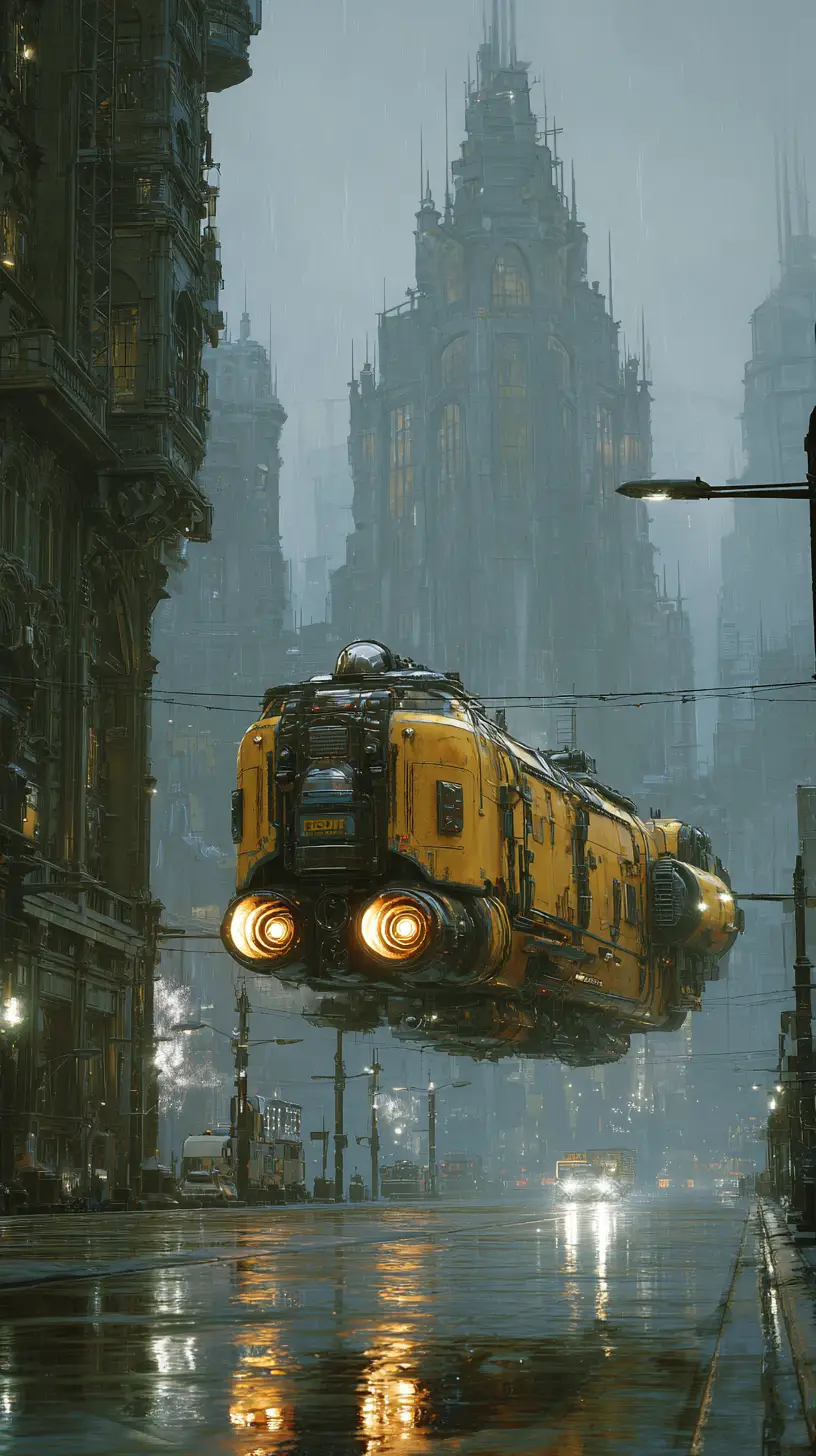 Armored beetle like spaceship in dystopian rainy city