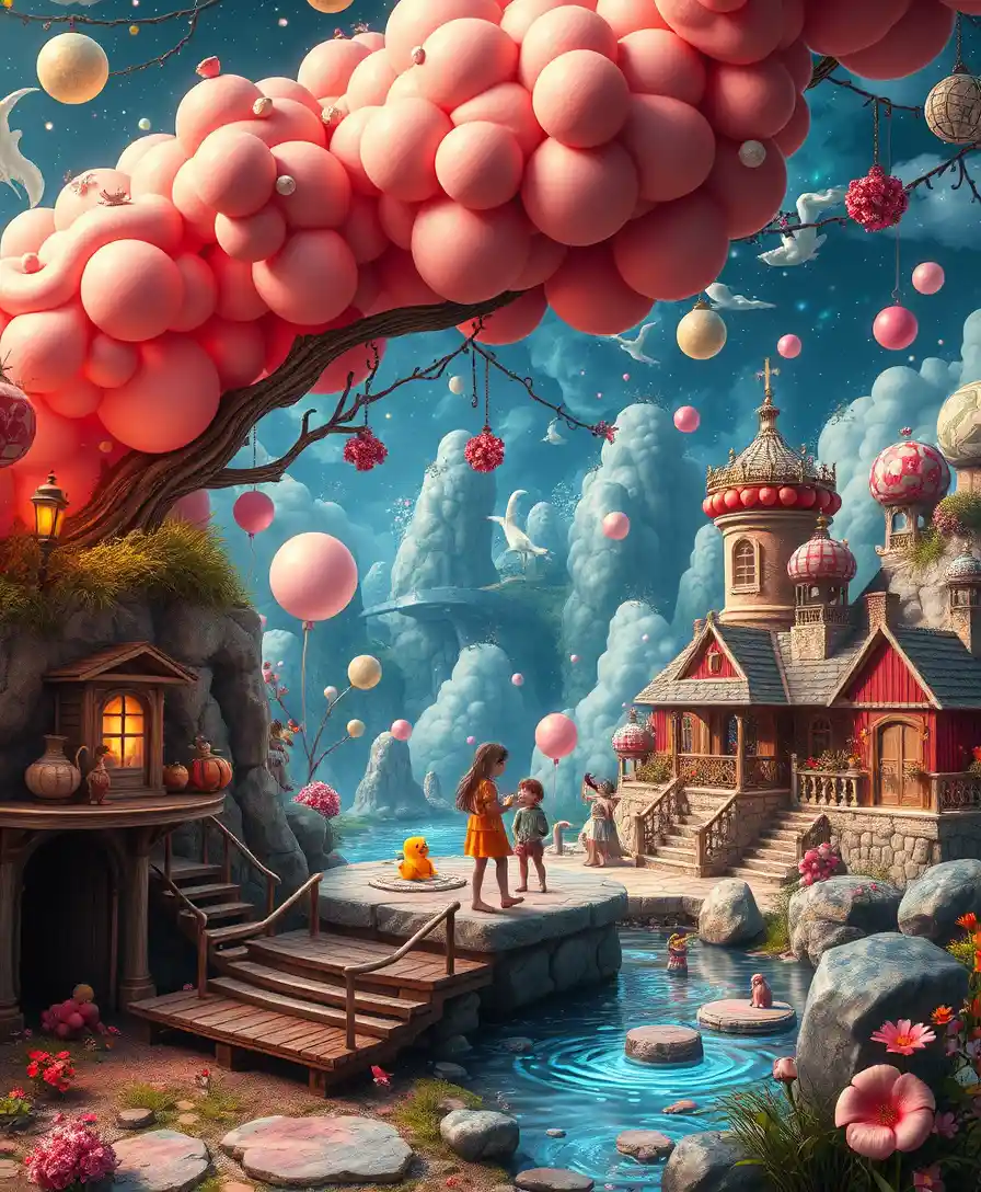 Whimsical pop surreal fantasy world with vibrant dreamlike imagery