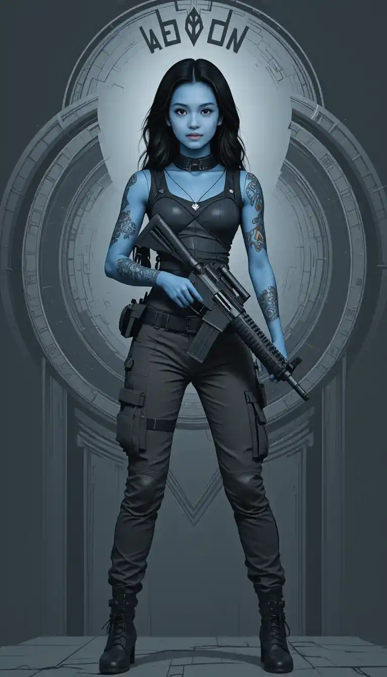 Futuristische blauhäutige Frau mit Gewehr vor kreisförmigem Hintergrund