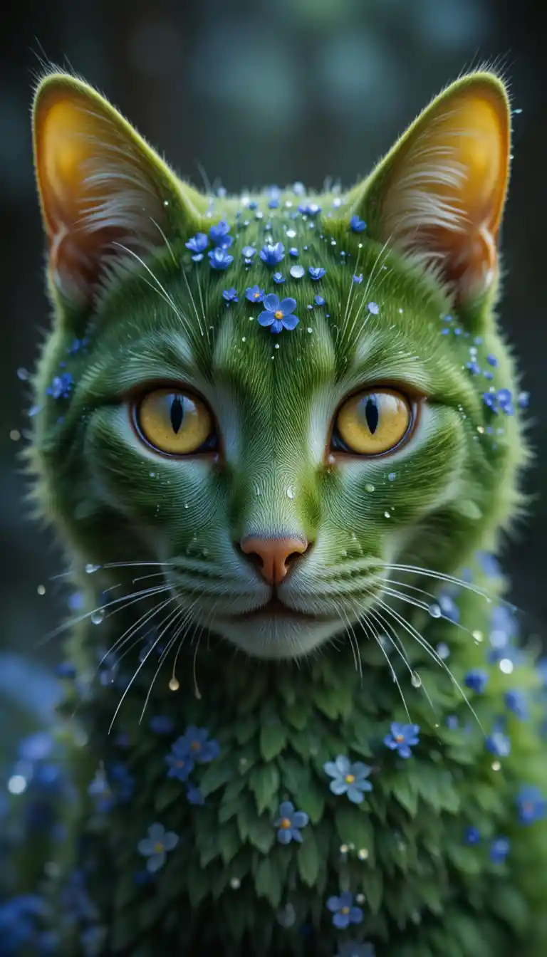 Retrato de gato verde com olhos amarelos e pelos orvalhados