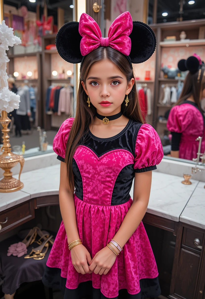 Tween boy dressed as Minnie Mouse in boutique backroom