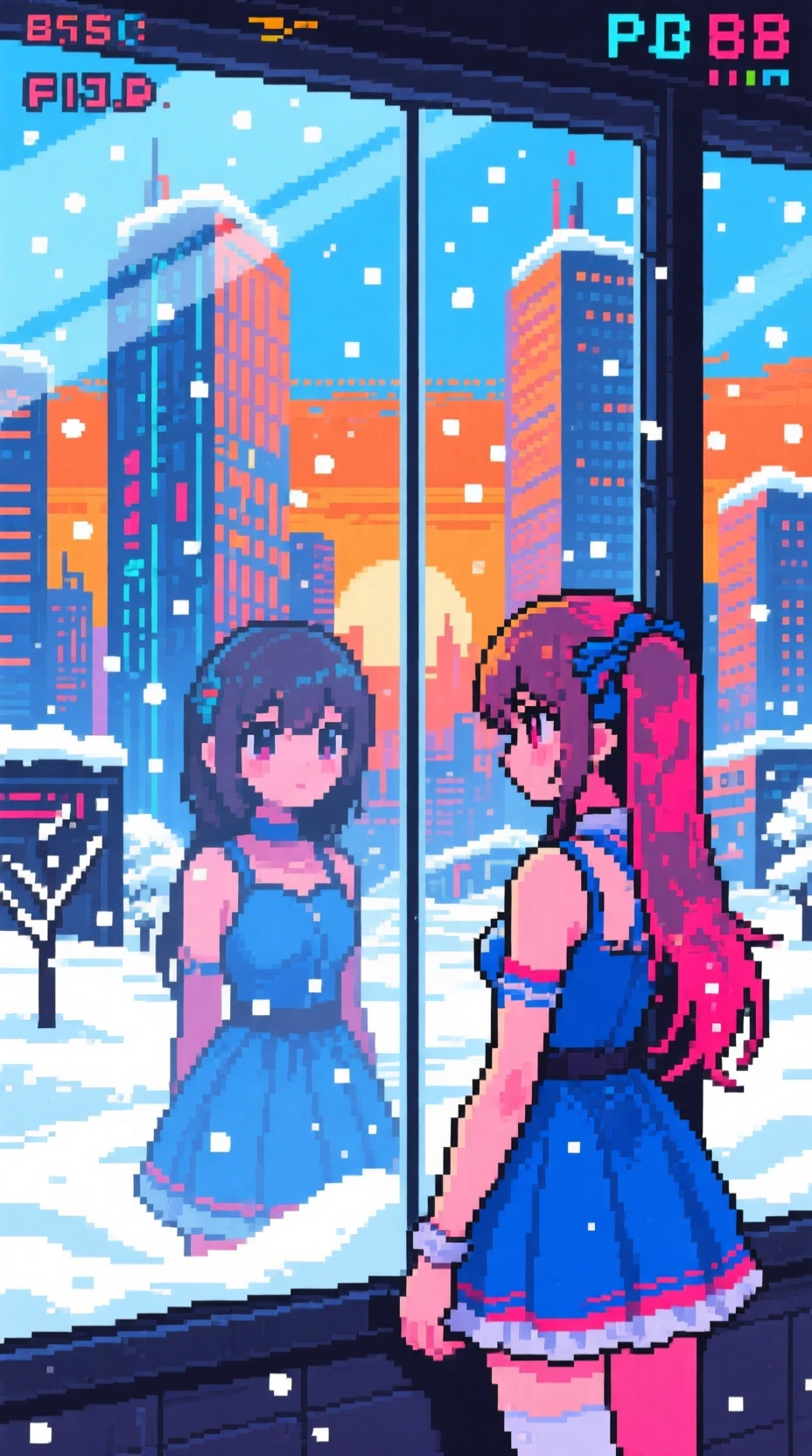 Pixel-Art-Stadtansicht im Schnee mit nachdenklichem Anime-Mädchen