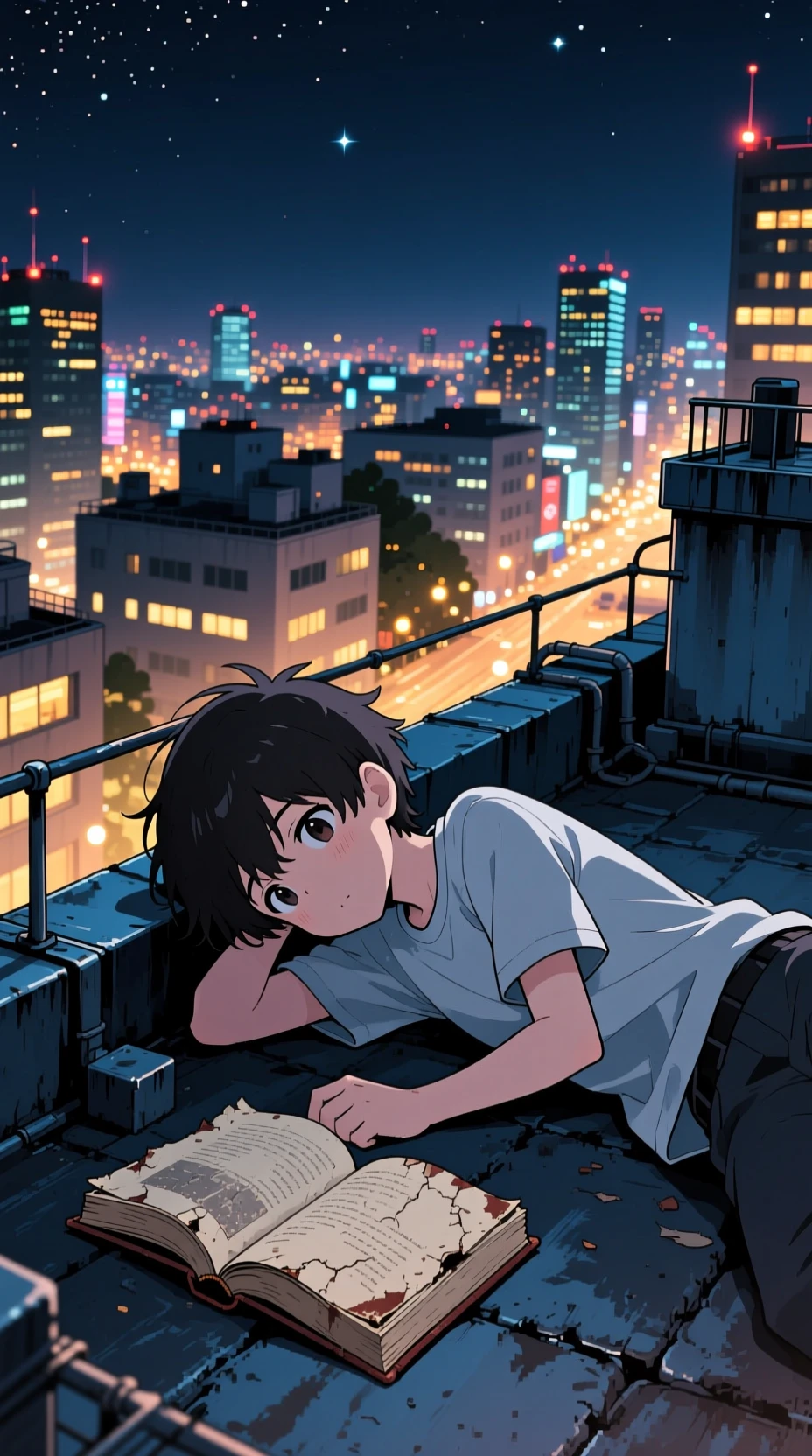 夜の街の屋上で休む孤独なアニメ少年