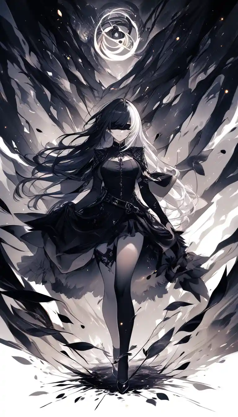 Blindfolded white haired girl in a dark eerie forest