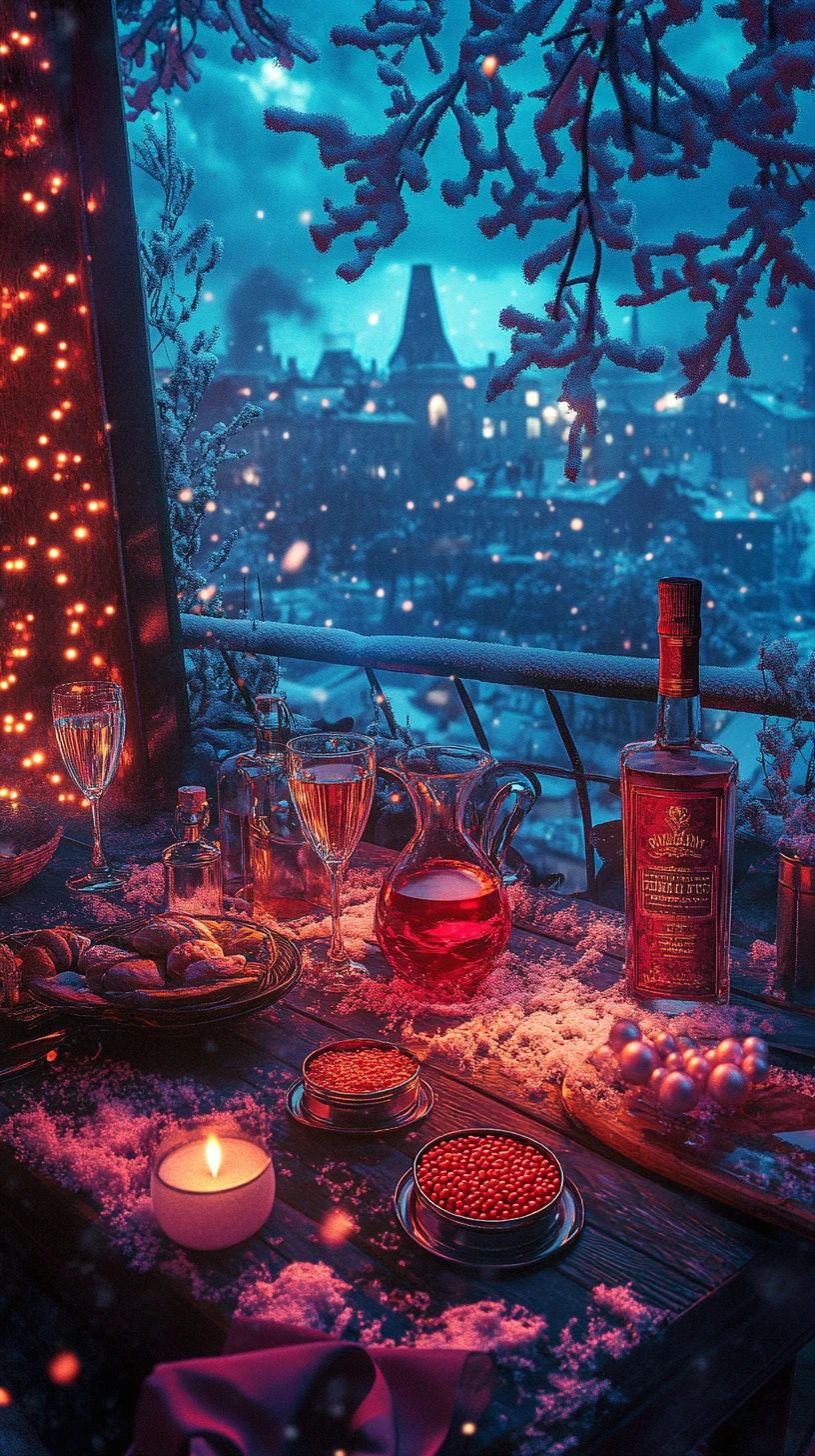 Rooftop new year table with friends and gourmet treats