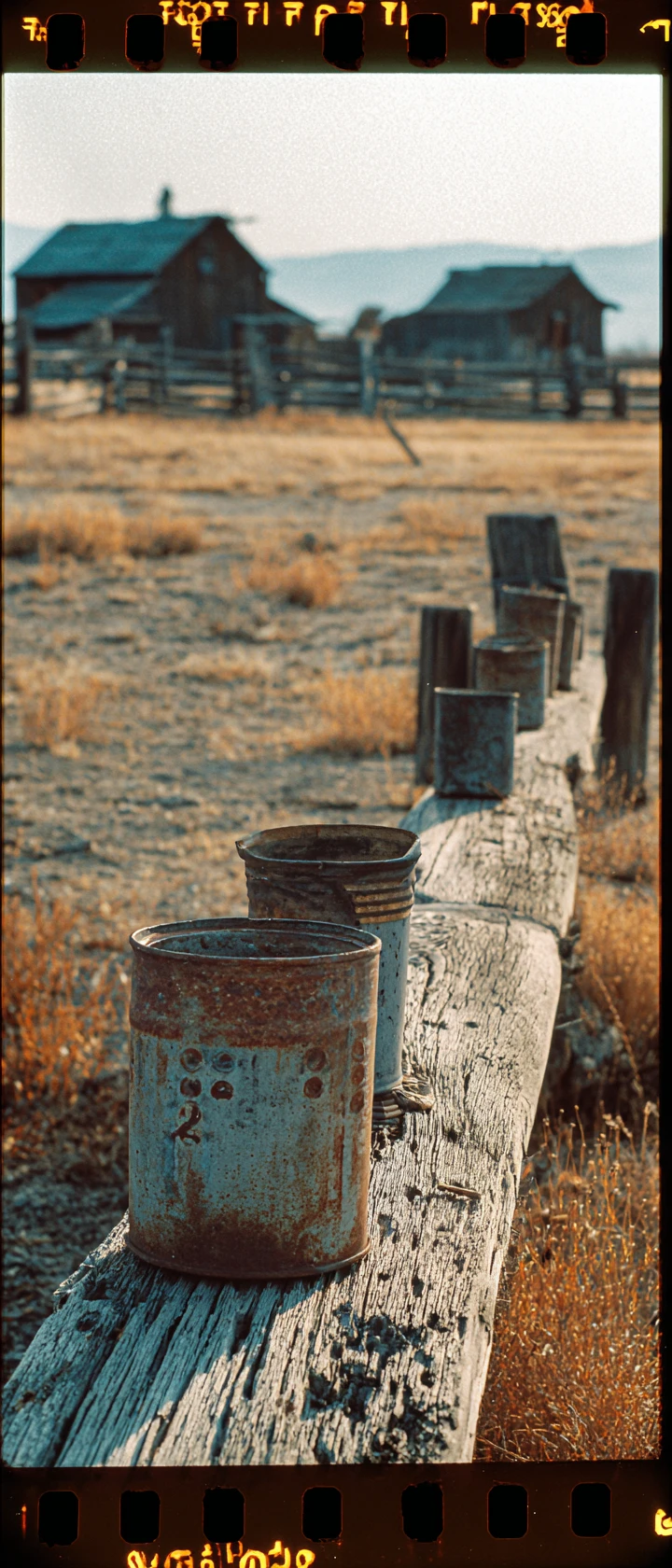 Rusty tin cans on a wooden beam at a vintage farm