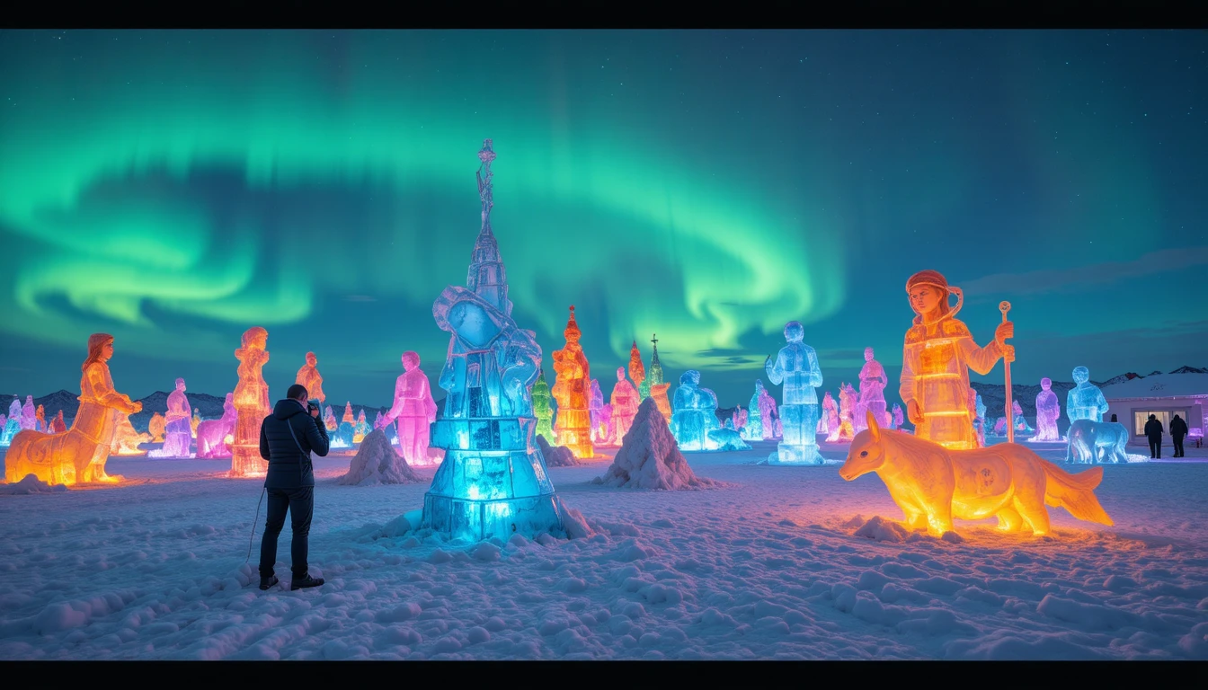 Neon ice sculptures glowing under the winter northern lights