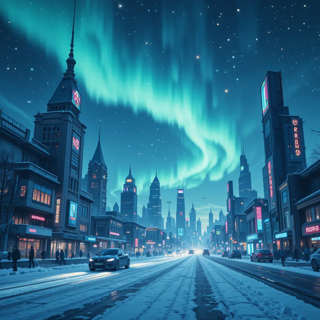 Futuristic city skyline with flying cars and aurora